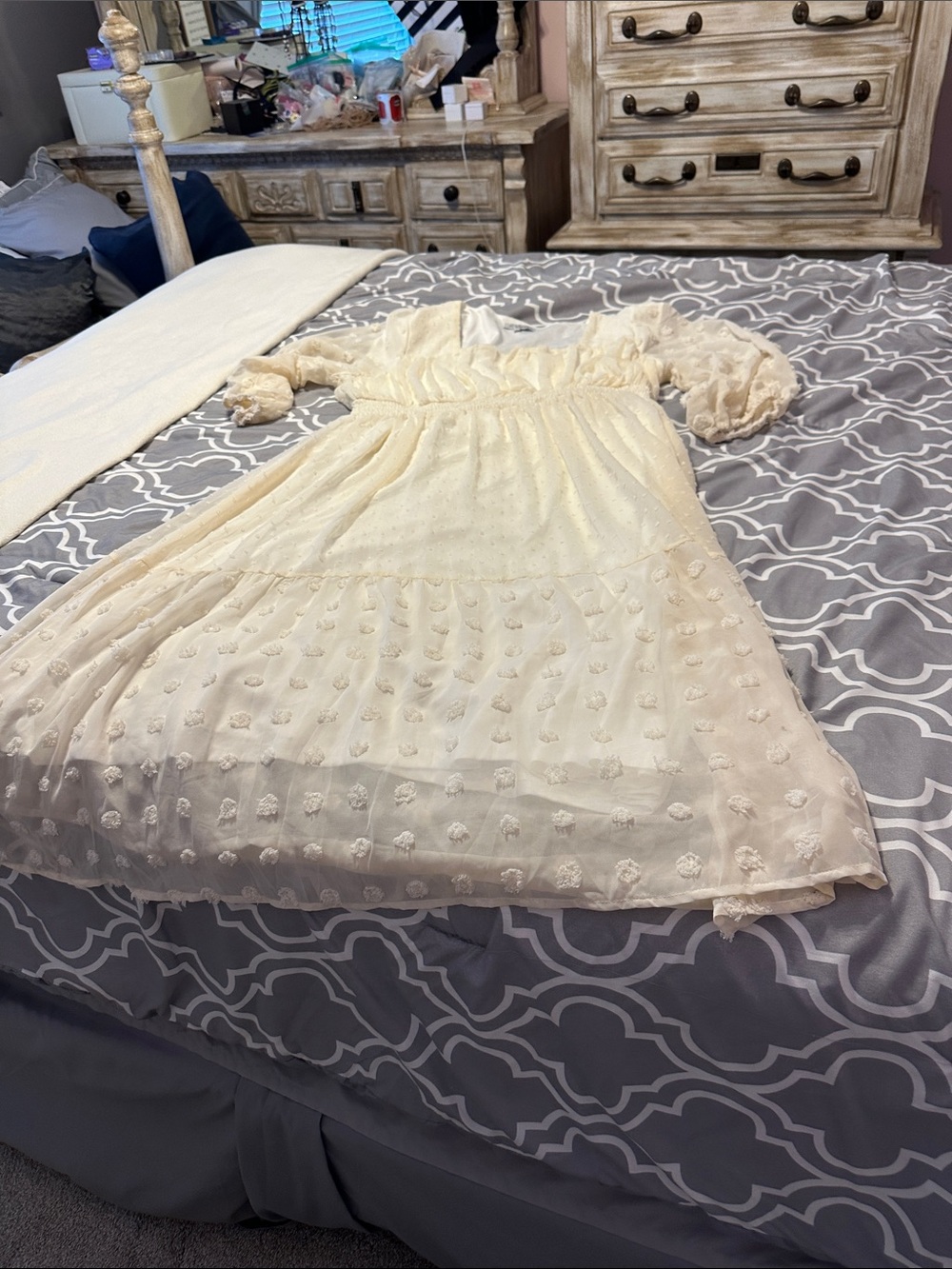 Cream Puff-Sleeve Swiss Dot Dress